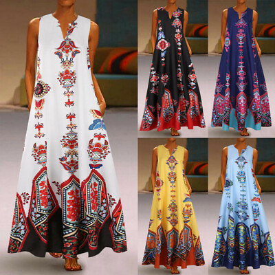 #ad Women Summer Vintage Bohemian Party Print Sleeveless V Neck Maxi Dress Plus Size AU $33.39