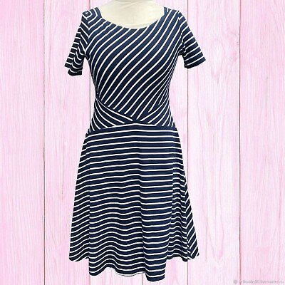 #ad Esprit Navy Blue Stripe Stretchy Summer Dress Medium GBP 9.99