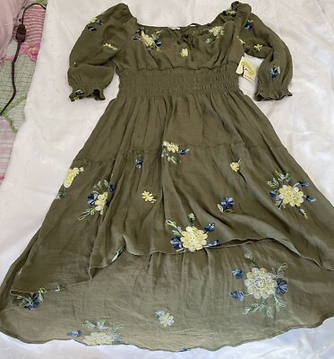 NWT Anthropologie Fig amp; Flower Olive Embroidered Hi Low Lined Boho Dress Large $40.00