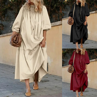 #ad Plus Size Women Solid Casual Long Dress Long Sleeve Baggy Maxi Sundress Summer $27.19