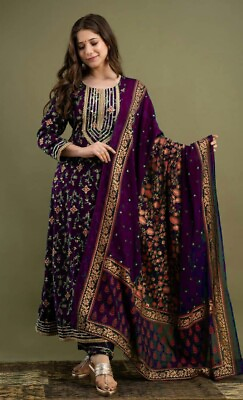 Pakistani Women Wear Anarkali Long Plus Size Salwar Kurti Pant amp; Dupatta Dress $37.60