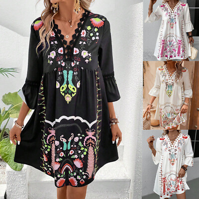 #ad Womens Lace Boho Floral Mini Dress Summer 3 4 Bell Sleeve Holiday Beach Sundress $24.89