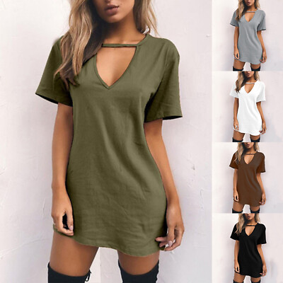 Women T shirt Dress Choker V Neck Summer Dresses Short Sleeve Casual Halter Boho C $11.99