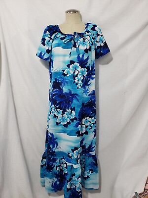 Holo Holo Vtg Blue Floral Summer Long Dress Made in Hawaii 12 $39.99