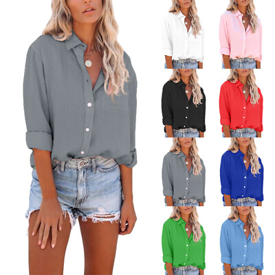 Womens Long Sleeve Button Down Shirts Ladies Casual Baggy Pocket Tops Blouse Tee $15.10