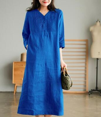 #ad Womens V neck Long Loose Fit Linen Ethnic Retro Half Sleeve Maxi Dresses Plus sz $53.00