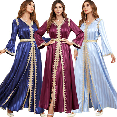 #ad 2PCS Women Muslim Satin Abaya Maxi Dress Sets Turkey Vintage Kaftan Long Robes $64.50