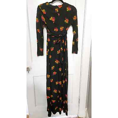 #ad Vintage 70s Stacy Ames Black Floral Maxi Dress Long Sleeve Size 6 Union $54.00