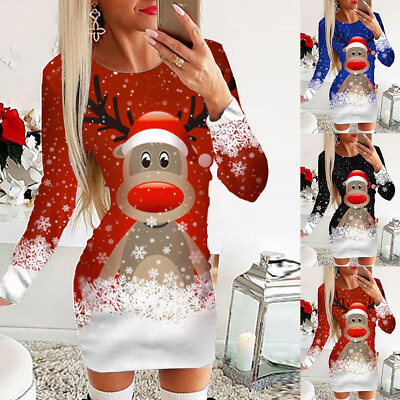 #ad Women Christmas Bodycon Ladies Xmas Party Evening Long Sleeve Mini Shirt Dress $19.19