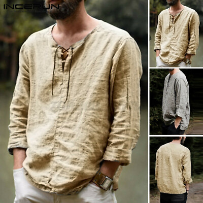 Mens Long Sleeve Retro Medieval Pirate Shirt Bandage Lace Up Casual Beach Tops $20.38
