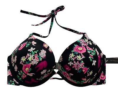 #ad #ad Victorias Secret Nwt Black Floral Bombshell Add 2 Cups Push Up Bikini Top 32C $29.74