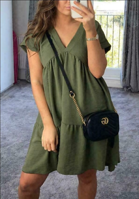 Summer Girls V Neck Short Sleeve Pleated Dresses Casual A Line solid Mini Dress $25.89