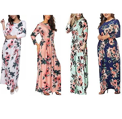 #ad #ad Women Fabulous Round Neck Gathered Waist Floral Print Bohemian Casual Maxi Dress $28.67