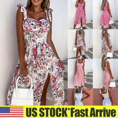 Womens Summer Floral Boho Strappy Midi Sundress Ladies Holiday Beach Split Dress $11.29