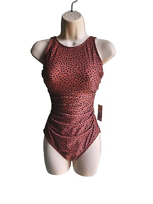 #ad Womens One Piece Swimsuit Halter Brwn Bk Polka Dot Many Sizes NWT MSRP$40 NEW $5.39