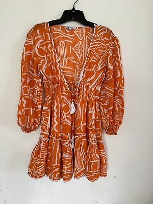 #ad Blue Island Womens Beach Cover Up Dress Tropical Orange Print Beachy Size XS $18.39