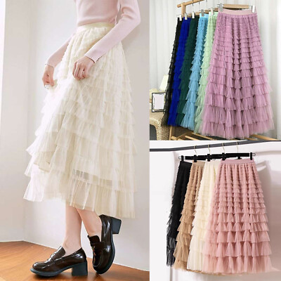 #ad Women Elastic High Waist Waist Skirt Party Tulle Skirt Long A Line Dress Summer $4.75