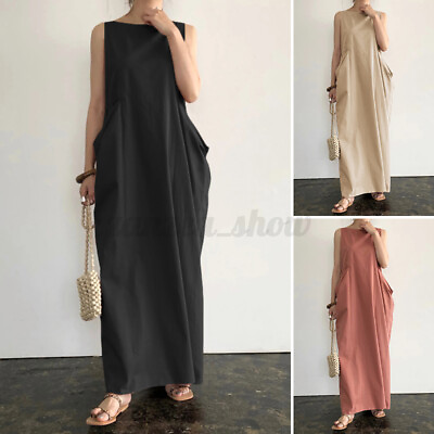 Womens O Neck Sleeveless Solid Loose Summer Shirt Dress Casual Long Dresses Maxi $18.04