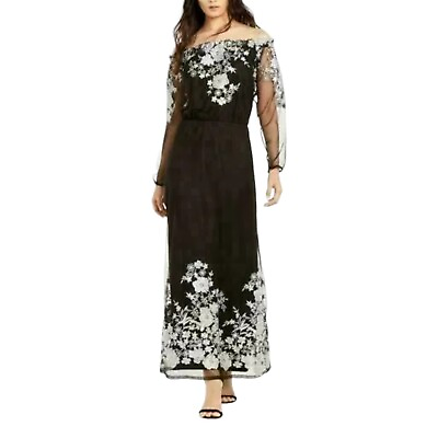 #ad INC Maxi Dress Black Floral Embroidered Off Shoulder Long Sleeve NWT Womens 6 $34.95