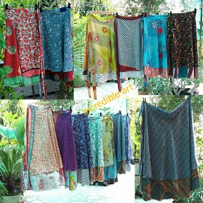 #ad Wholesale Lot Vintage Silk Sari Wrap Skirts Recycled Magic Bohemian Multicolor $585.00