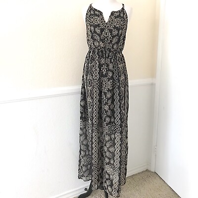 #ad Womens Floral Maxi Dress Size XS Black Beige Full Length Halter Neck Drawstring $44.99
