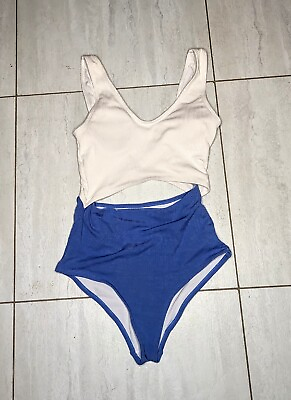 #ad Shein Small Kids Blue White Bikini 1 Piece Swim Suit Girls Ribbed Two Tone One $4.99
