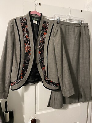 #ad Harve Benard Women’s Skirt Suit Size 16 100% Wool Blazer Floral Velvet Trim Vtg $40.80