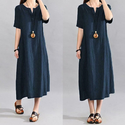 #ad Plus Size Women Casual Kaftan Dress Loose Tunic Long Maxi Dress Cotton Linen 5XL $25.39