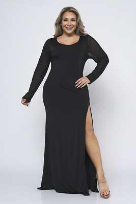Womens Plus Size Black Maxi Dress 1X Split Leg Sheer Sleeves Stretch $49.95