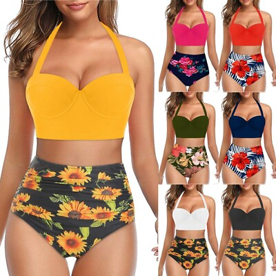 #ad Women Swimsuit High Waisted Bottom Bikini Set Summer Swimwear Two Pieces $17.65