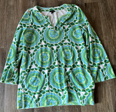 #ad Talbots Womens Beach Cover Up Tunic Green Retro Print Terry Cloth Medium $24.65