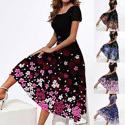 #ad Women Floral Boho Short Sleeve DreSS Summer Beach Floral Maxi Kaftan Long DreSS $22.94