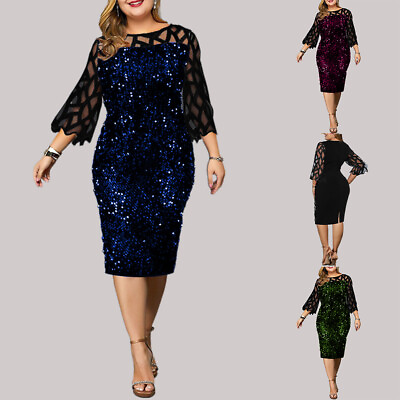 Plus Size Women Sequin Mesh Long Sleeve Formal Evening Party Bodycon Party Dress $28.29