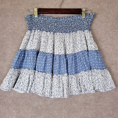 #ad #ad AMERICAN EAGLE Skirt Women#x27;s Medium Elastic Waist Mini Tier Lined Blue Floral $19.49