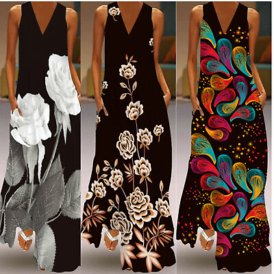 #ad Plus Size Women Floral Boho Sleeveless Maxi Dress Summer Baggy Kaftan Sundress $23.69