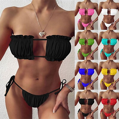 #ad Women#x27;s Sexy Pleated Hollowed Out Bikini Bikini Tie Up Hot Bikini for Women $12.22