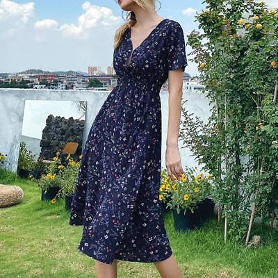 #ad Womens Floral Boho V Neck Midi Dress Summer Ladies Holiday Short Sleeve Sundress $20.69