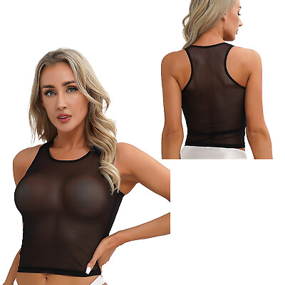 Women See Through Mesh Crop Tank Top Sheer Mesh Sleeveless T Shirt Tees Blouse $8.82