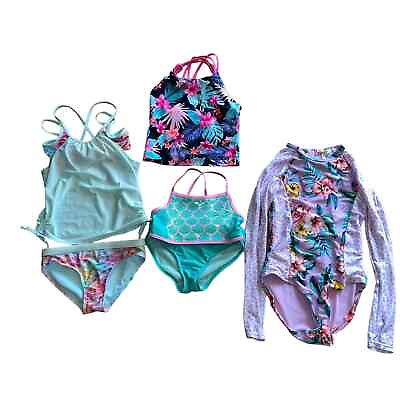 #ad Girls size 7 8 medium swimsuit bundle rash guard bikinis mermaid floral $24.99