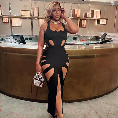 New Women Stylish Hollow Out Sleeveless Side Slit Bodycon Club Party Dress $21.71