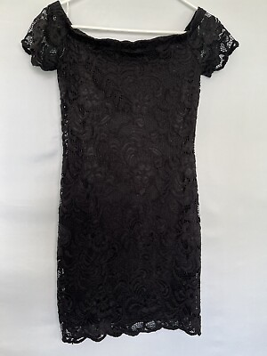 #ad Ambiance Women Size S Black Lace Sheath Party Dress Short Sleeve Stretchy $10.00