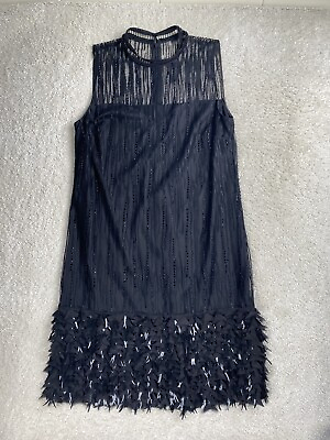 #ad Elie Tahari Beaded Cocktail Dress Size 6 Black Sleeveless Fringe LBD $34.55