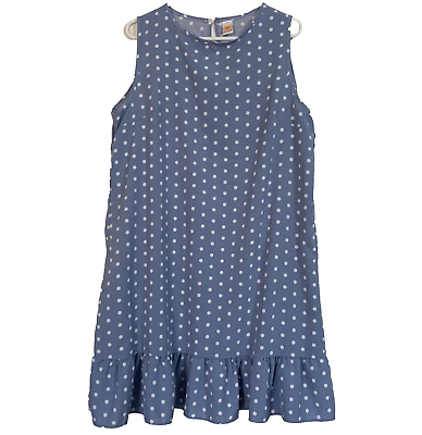 #ad NEW Blue Dress Sleeveless White Polka Dot Shift Ruffle Bottom Sundress Medium $20.00