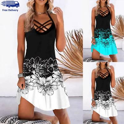 #ad Womens Summer Halter Neck Cami Dress Ladise Beach Floral Loose Fit Mini Sundress $14.43