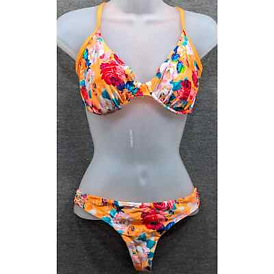 #ad BODY GLOVE Swim Set Orange Floral Bikini Rash Guard Shirt Pants L D Cup $60.00