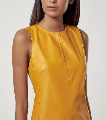 #ad Leather Stylish Wear Party Women New Yellow Dress Lambskin 100%Genuine Designer $180.00