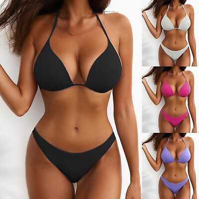 #ad Two Sets Color Beachwear Solid Color Sexy Women Hanging Neck Bikini Piece $12.08