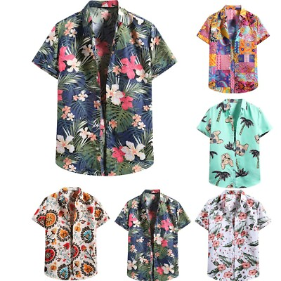 Men Short Sleeve Lapel Floral Loose Fit Casual Summer Hawaiian Shirts Tops $18.59