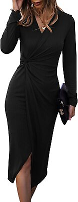 SHIBEVER Women Casual Dresses V Neck Long Sleeve Twist Front Waist Ribbed Knit B $93.32