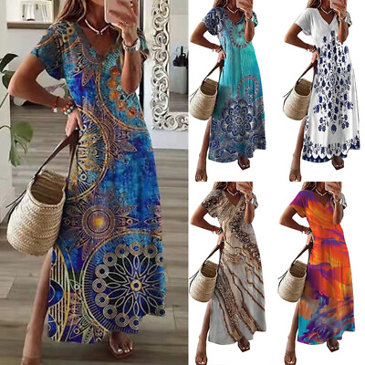 Women Short Sleeve Casual Long Maxi Dress Floral Kaftan V Neck Summer Sundress# $19.71